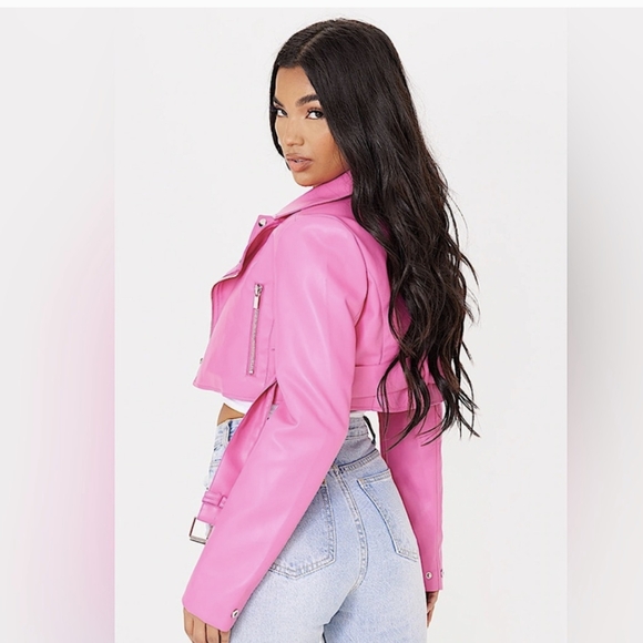 PrettyLittleThing Pink Faux Leather Cropped Biker Jacket - Picture 2 of 4